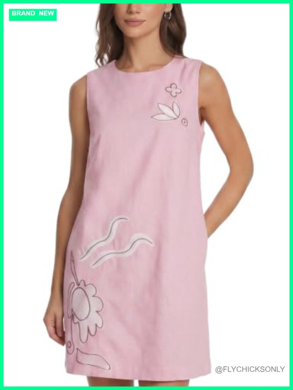 Embroidered Shift Mini Dress Sleeveless Crewneck Casual Sundress with Pockets